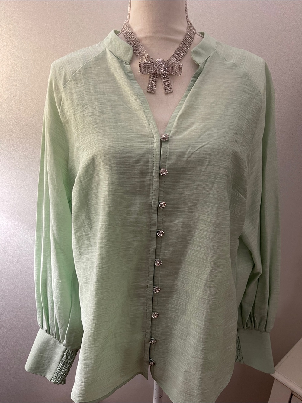 White House Black Market Pale Mint Green Button-Front Blouse